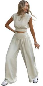 Ensemble 2 pièces pour femme, haut court à manches courtes beige uni et pantalon long à jambes larges taille haute, tenue décontractée d'été - Product Image 2