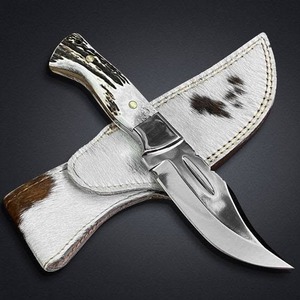 Cuchillo de caza de acero de Damasco para exteriores, cuchillo de hoja fija con mango de cuerno de madera, cuchillo portátil de supervivencia para camping - Product Image 1
