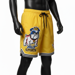 Shorts coupe-vent en polyester premium pour homme, style sport jaune, cordon de taille noir, logo brodé chenille personnalisé, shorts pour homme - Product Image 4