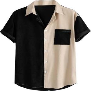 Camisa de hombre personalizada de manga corta con bloques de color, botones, bolsillo frontal, cuello, elastano/poliéster, abotonadura sencilla, informal de verano - Product Image 1
