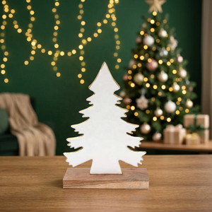 White <b>Christmas</b> <b>Tree</b> Table Decor with Wooden <b>Base</b> Elegant Minimalist Design Perfect <b>for</b> Festive Home Display - Product Image 1
