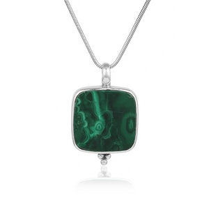 Collar con Colgante Cuadrado de Malaquita Verde Natural, Collar con Piedra Preciosa Engastada en Bisel de Plata de Ley 925 para Mujer, Joyería de Moda - Product Image 1