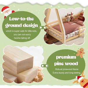 Letto a terra Montessori in legno massello per bambini, con tenda, luci e sponde di sicurezza a tutta lunghezza, design a casetta e tenda da campeggio - Product Image 6