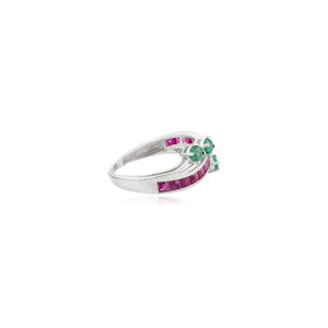 Beautiful Natural Princess Cut Ruby & Round Brilliant Cut Emerald Birthstone <b>Statement</b> Bypass Style Fine <b>Silver</b> <b>Ring</b> for Women - Product Image 5