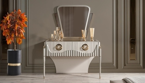 Ensemble de chambre à coucher moderne de luxe en teck massif, style Art Déco, lit king size capitonné à festons avec armoire et coiffeuse - Product Image 3