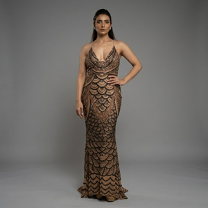 Vestido de noche de sirena con lentejuelas marrones de lujo, vestido de fiesta sin mangas con cuello profundo para mujer |   Vestidos de Novia Elegantes, Calidad de Exportación de la India - Product Image 1