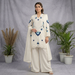 Ensemble Salwar Kameez brodé blanc avec dupatta, coupe ample, vêtements traditionnels pour femmes, style Inde Pakistan - Product Image 1