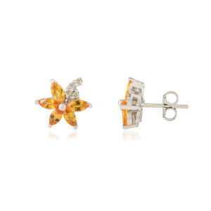 Pendientes de Plata de Ley 925 con Piedra Preciosa de Citrino en Forma de Flor Pequeña, Corte Marquesa, con Cierre a Presión, Joyería Fina - Product Image 3