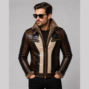 Veste en cuir PU gaufré crocodile pour homme, style motard, col montant, fermeture éclair, coupe ajustée, pour l'automne - Product Image 4