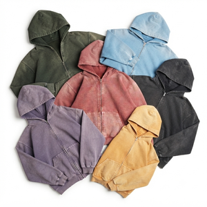 Vintage Wash Heavyweight Oversized Distressed <b>Zip</b> Hoodie Men Streetwear Retro Acid Fleece 100% Cotton Eco-Friendly Sweatshirt - Product Image 5