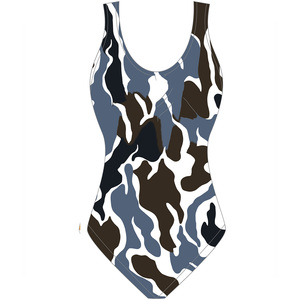 Traje de baño de una pieza para mujer, cuello halter, estampado asimétrico, spandex, poliéster, traje de baño elástico, patrón azul, naranja y rojo - Product Image 6