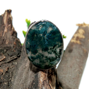 Bague ovale en agate mousse naturelle, argent sterling 925, faite à la main, bijou statement pour homme et femme, cadeau personnalisé - Product Image 4