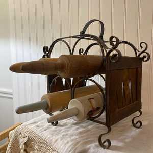 Vintage rolling pin holder- wood and metal- <b>spots</b> for 4 rolling pins - Product Image 1
