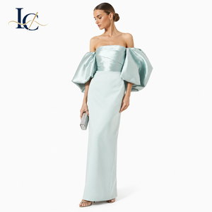 Abito <span class=keywords><strong>da</strong></span> <span class=keywords><strong>sera</strong></span> di lusso verde menta <span class=keywords><strong>da</strong></span> donna, con spalle scoperte, maniche a sbuffo <span class=keywords><strong>oversize</strong></span>, in raso, modello bodycon, lungo fino ai piedi, per matrimoni, feste e gala - Product Image 2