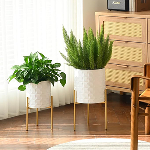 Modern Planter <b>Pots</b> Set of 2 White Planters with <b>Stand</b> Decorative Planters Metal <b>Pots</b> with Drainage Holes Metal Planters - Product Image 2