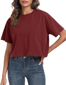 Camiseta Corta de Cuello Redondo Verde para Mujer, Corte Holgado, Color Sólido, Informal, Tejido de Punto Jersey, Transpirable, para Primavera/Verano - Product Image 1