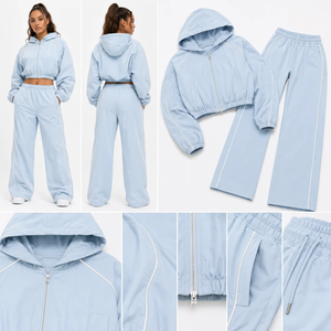 Vocksin <b>Women's</b> Ice Blue Cropped Hoodie Tracksuit Lightweight Zipper <b>Jacket</b> Wide Leg Pants Set 100% Cotton Printed - Product Image 4