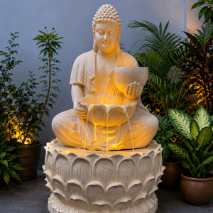 Fuente de Agua de Buda de Lujo con Luz LED Blanca Cálida, Acabado en Piedra Negra para Interiores y Exteriores, Decoración de Jardín para Meditación - Product Image 1