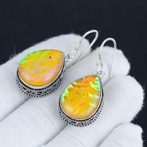 Pendientes de Plata de Ley 925 con Ópalo de Fuego Australiano Triple, Joyería Hecha a Mano, Pendientes Colgantes para Mujer, Venta al por Mayor - Product Image 2