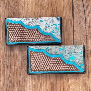 Pochette en cuir occidental usiné à la main sculpture coque de téléphone élégant couleur Turquoise portefeuille en cuir de fourrure de vachette pour plusieurs utilisations - Product Image 3