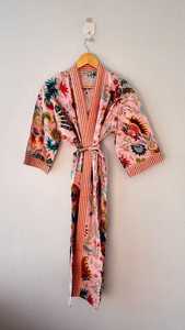 Robe longue à imprimé floral pour femmes, col en V, manches courtes, vêtements de nuit décontractés d'été, 100% coton tissé, kimono - Product Image 2