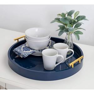 Bandeja de Servicio Redonda Contemporánea de Metal Azul con Asa Dorada, Perfecta para Servir en Eventos Corporativos y Formales o para Uso como Bandeja Decorativa - Product Image 4