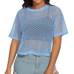 Camisetas sexys para mujer con estampado, holgadas, informales, de malla transparente, con encaje, hombros descubiertos, camiseta de malla de manga corta, top corto - Product Image 1