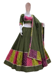 Chaniya Choli vert, rose et violet avec dupatta, tenue de mariage indienne traditionnelle, robe en coton longue jusqu'au sol pour femmes - Product Image 3