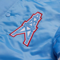Veste universitaire personnalisée en satin bleu clair pour homme, avec bordures rouges et blanches, style bomber, uniforme de baseball, vêtements de sport, vente en gros
