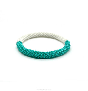 Seed Beads Stretch Charm Bracelet Two Tone Teal White Minimal Luxury Unisex 7inch Handmade Beaded <b>Bangle</b> Fashion Accessory Gift - Product Image 1