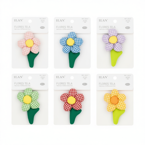 Fleurs en tissu ILAN 9,5 cm, motif à carreaux, décoration artisanale - Product Image 3