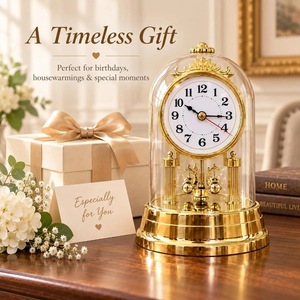 Reloj de Escritorio Tradicional de Latón con Cúpula de Cristal, Movimiento Mecánico Silencioso sin Tictac, Acabado Dorado, Diseño Circular - Product Image 5