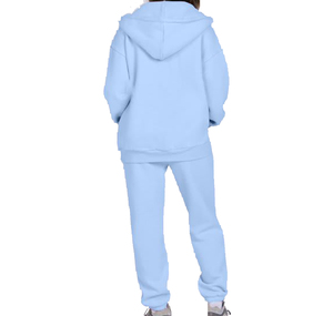 Ensemble de survêtement pour femme bleu clair à capuche, 2 pièces, fermeture éclair intégrale, sweat-shirt et pantalon décontractés, couleur unie, 100% coton, produit le plus vendu - Product Image 2