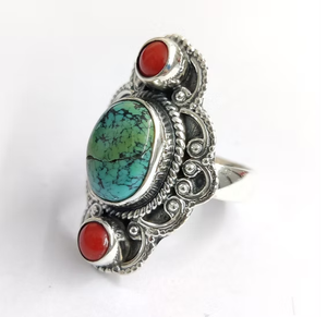 Vintage Style <b>Silver</b> 925 Large Oval Turquoise <b>Ring</b> with Red Coral Stone <b>Statement</b> Jewelry - Product Image 4