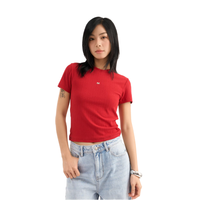 T-shirt court rouge pour femme, manches courtes, col rond, tricoté, imprimé, couleur unie, style décontracté streetwear, printemps-été, 100 % coton