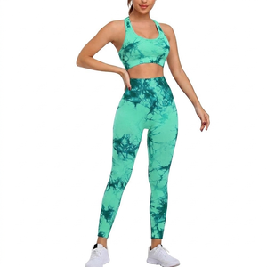 Premium Quality Green <b>Tie</b> Dye Sport Bra Leggings Set High Waist Full Length Knitted Spandex Polyester Breathable Quick Women's - Product Image 1