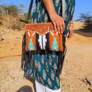 Western Hand Tooled Leather Crossbody Purse Turquoise Saddle <b>Blanket</b> Bag Genuine Cowhide Western Leather Bohemian Fringe Purse - Product Image 2