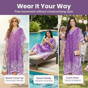 Robe longue kaftan violette à imprimé cachemire, col en V, manches chauve-souris, coupe ample, style bohème décontracté d'été avec ourlet fendu - Product Image 3