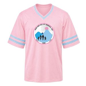 Camiseta Deportiva de Manga Corta con Cuello en V y Escudo Bordado de Jack & Jill en Rosa Claro, con Rayas Azules, Uniforme para Equipo Atlético - Product Image 1