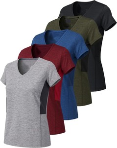 Camiseta de Mujer con Cuello en V, Manga Corta, Bloques de Color, Tejido de Punto, Secado Rápido, Corte Regular, Estilo Deportivo para Primavera/Verano, OEM ODM - Product Image 2