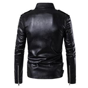 Black Leather Biker Jacket Slim Fit <b>Long</b> Sleeve Zipper Closure Notch Collar Flap Pocket <b>Men's</b> Motorcycle <b>Coat</b> - Product Image 3