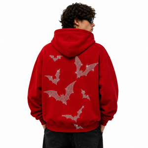 Sweat-shirt à capuche zippé rouge surdimensionné personnalisé pour homme avec logo en strass, style streetwear épais, décontracté, hip-hop - Product Image 2