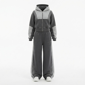 <b>Women</b> Two Piece Zip Up Hooded Tracksuit Set Color Block Hoodie Wide Leg <b>Jogger</b> Pants Rhinestone Detail - Product Image 3