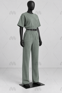 Conjunto de 2 Piezas para Mujer, Color Verde Claro Sólido, Top Corto de Punto de Manga Corta, Pantalones Anchos de Cintura Alta, Cintura Elástica Informal, Invierno - Product Image 4