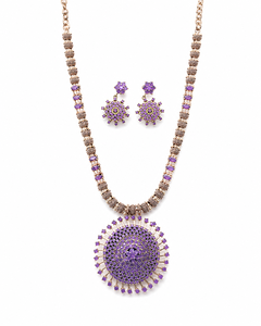 Purple CZ Sunburst Pendant Necklace <b>Set</b> with Matching Earrings – Rose <b>Gold</b> Tone Beaded Chain <b>Jewellery</b> Women Party Occasion - Product Image 2
