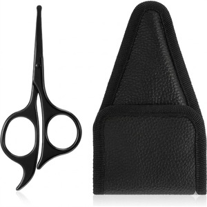 Tijeras para Barba con Hoja Dentada Negra, Venta al por Mayor, Marca Privada OEM, Tijeras para Recortar Barba y Vello Nasal, Punta Redonda con Estuche de Cuero PU - Product Image 1