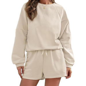 Conjunto de Sudadera Oversize de Algodón Crema con Manga Raglán, Cuello Redondo, Color Sólido, Casual, Unisex, para Otoño - Product Image 1