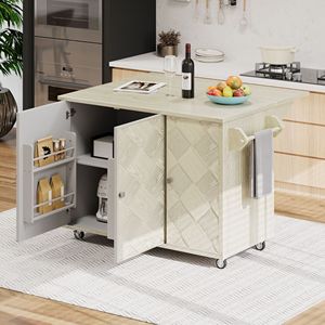 Carrello da Cucina in Legno Massello da 130 cm con Isola, Impiallacciatura in Frassino, Piano Ribaltabile Intrecciato a Mano, Stile Costiero, Vano Portaoggetti Interno e Ruote - Product Image 3