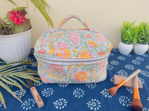 Personalized Vintage Water Resistant Large Capacity Cotton Quilted Hand Block Print Yellow Zipper Eco-Friendly <b>Makeup</b> Bag Dopp - Product Image 2