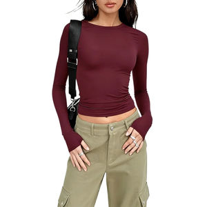 Camiseta de manga larga para mujer, de color liso, a la moda, ajustada, informal, con cuello redondo, básica, ropa urbana, top corto - Product Image 1